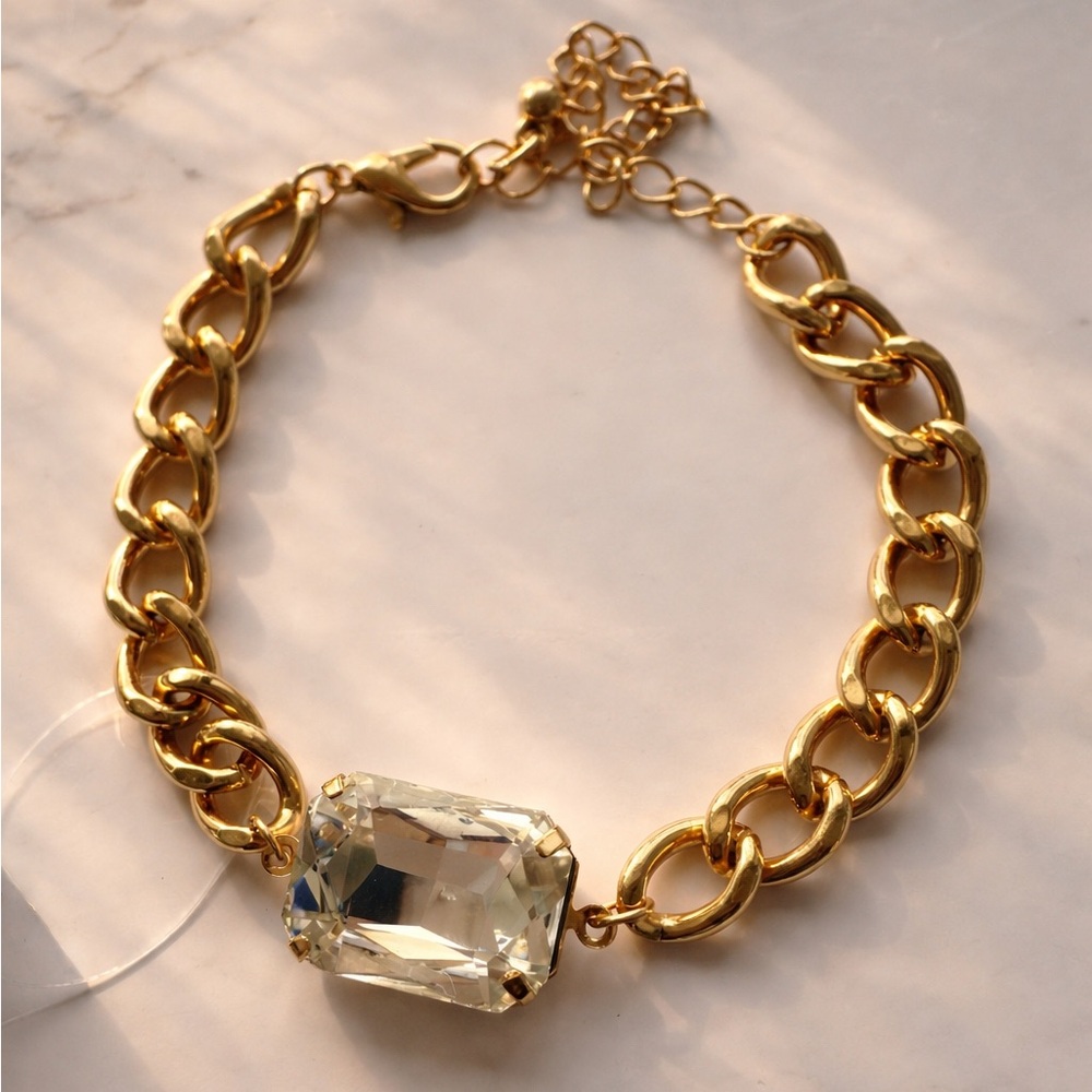 Gold Tone Chunky Chain Bracelet with Emerald Cut Crystal Statement Piece